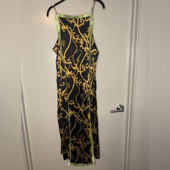 NWT Ganni Black Panel Ruffle Slip Dress, 36, green trim gold chain print - Picture 7 of 12